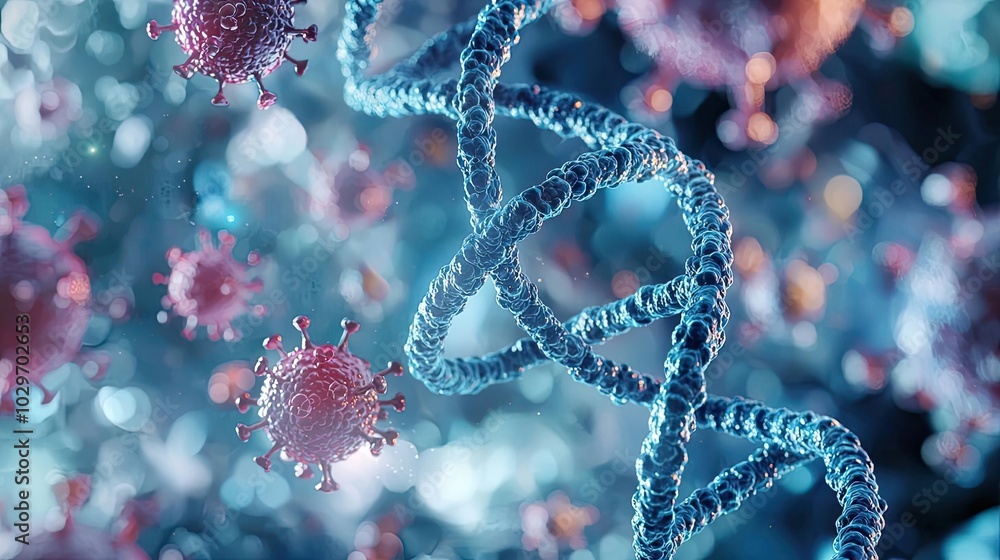 Poster Close-up view of DNA strands and virus particles in a scientific setting.