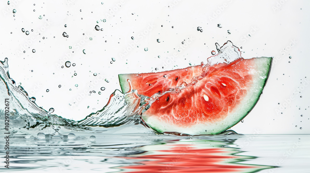Poster fresh watermelon slice splashing in water, creating dynamic droplets and ripples. vibrant colors and