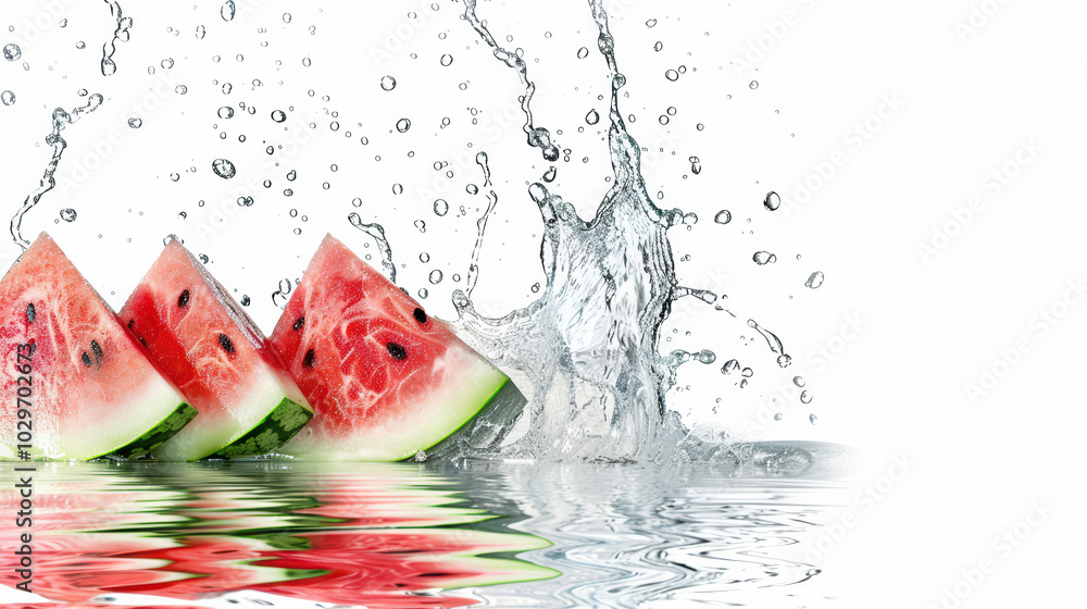 Aufkleber fresh watermelon slices splashing in water create refreshing and vibrant scene. droplets and reflect
