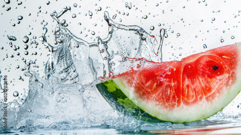 Poster fresh watermelon slice splashing into water, creating dynamic droplets and ripples. vibrant colors a