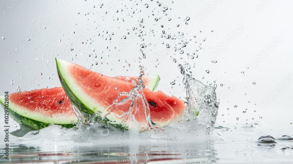 Poster fresh watermelon slices splash into water, creating refreshing and vibrant scene. droplets capture e
