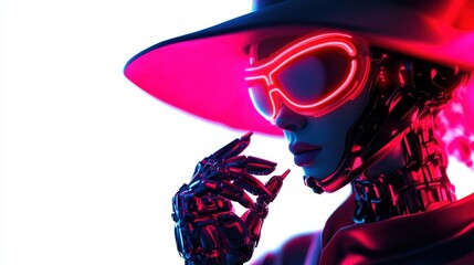 Naklejka premium Futuristic robot with neon glasses and a stylish hat, white isolate background.