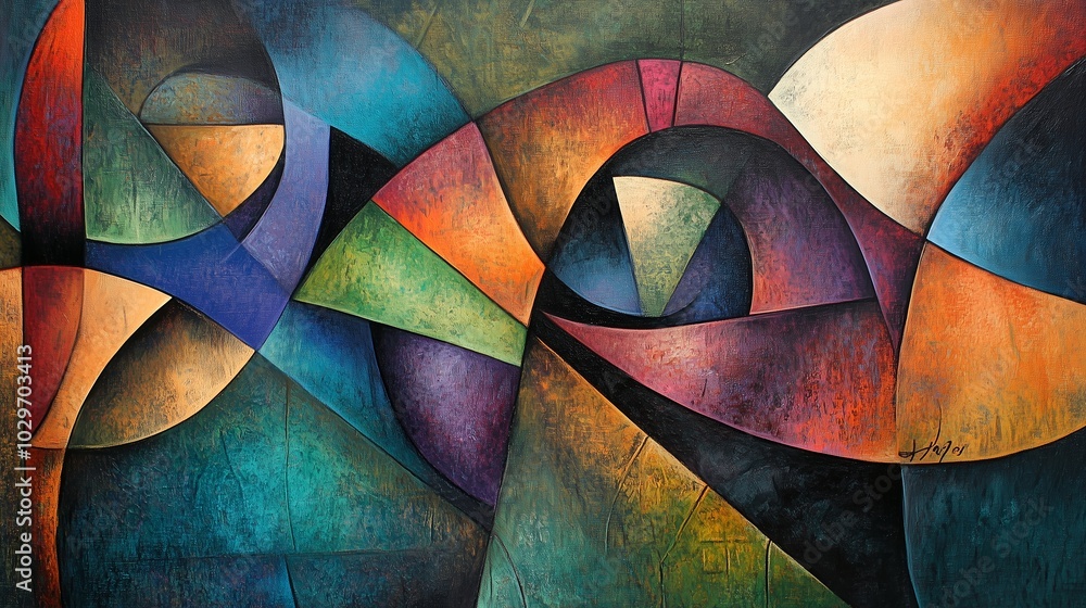 Poster vibrant abstract artwork featuring bold shapes and colors creating dynamic movement and intrigue in 