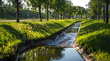 Beautiful summer park with drainage storm system