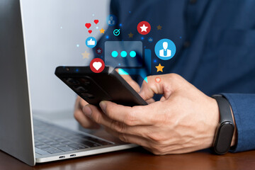 Social media and digital online concept, man using smart phone. The concept of living on vacation and playing social media.