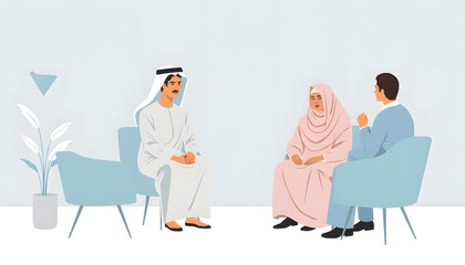 Marital psychotherapy. Arab spouses with relationship problems sitting at therapy session with psychologist isolated with white highlights, png