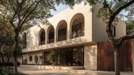 Obraz premium Contemporary building with arched windows surrounded by greenery on a sunny day in an urban environment