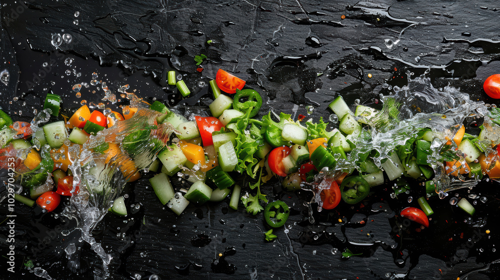 Poster fresh vegetables splashing in water create vibrant and dynamic scene, showcasing colorful ingredient