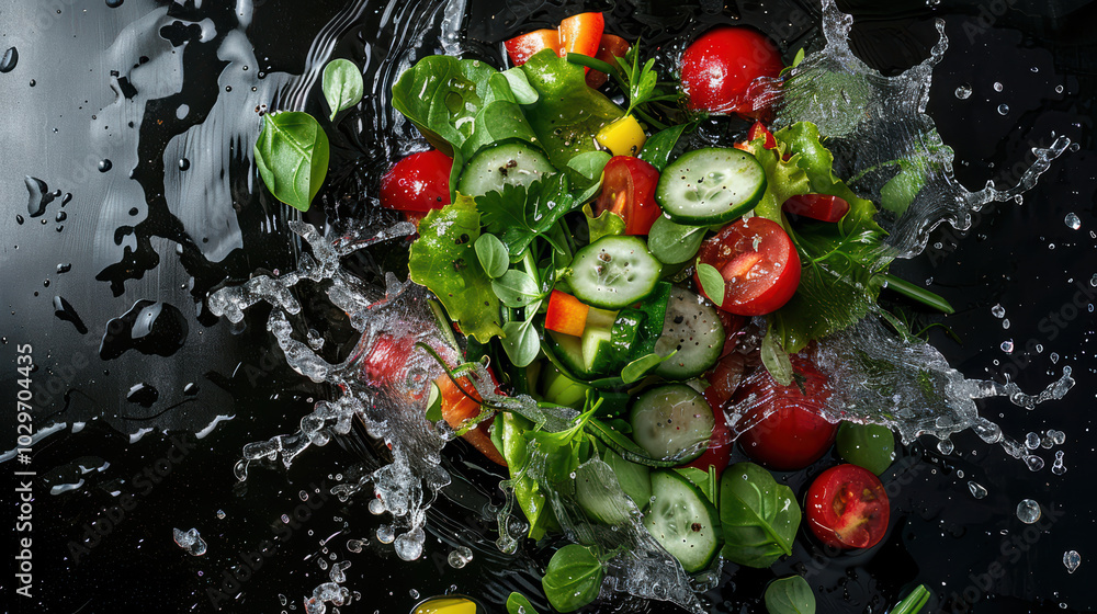 Poster fresh vegetables splash into water, creating vibrant and dynamic scene. this colorful salad includes