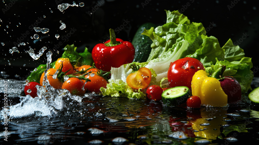 Poster fresh vegetables splashing in water create vibrant and dynamic scene. colorful assortment includes r