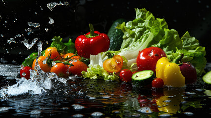 Fresh vegetables splashing in water create vibrant and dynamic scene. colorful assortment includes red and yellow bell peppers, ripe tomatoes, and crisp lettuce, showcasing natures bounty