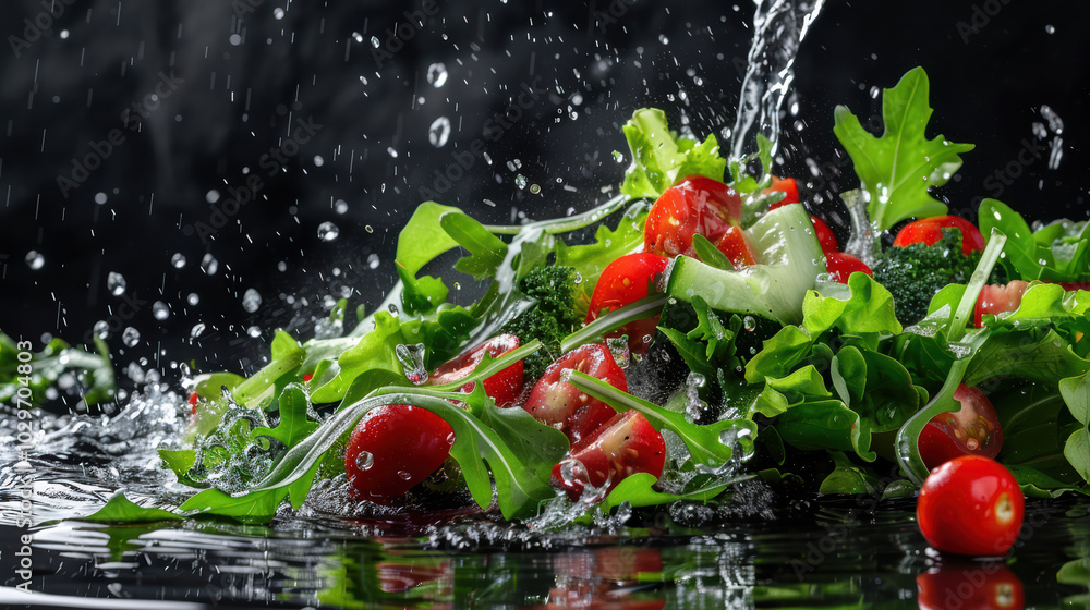 Poster fresh salad with vibrant greens and cherry tomatoes splashing in water, creating refreshing and live