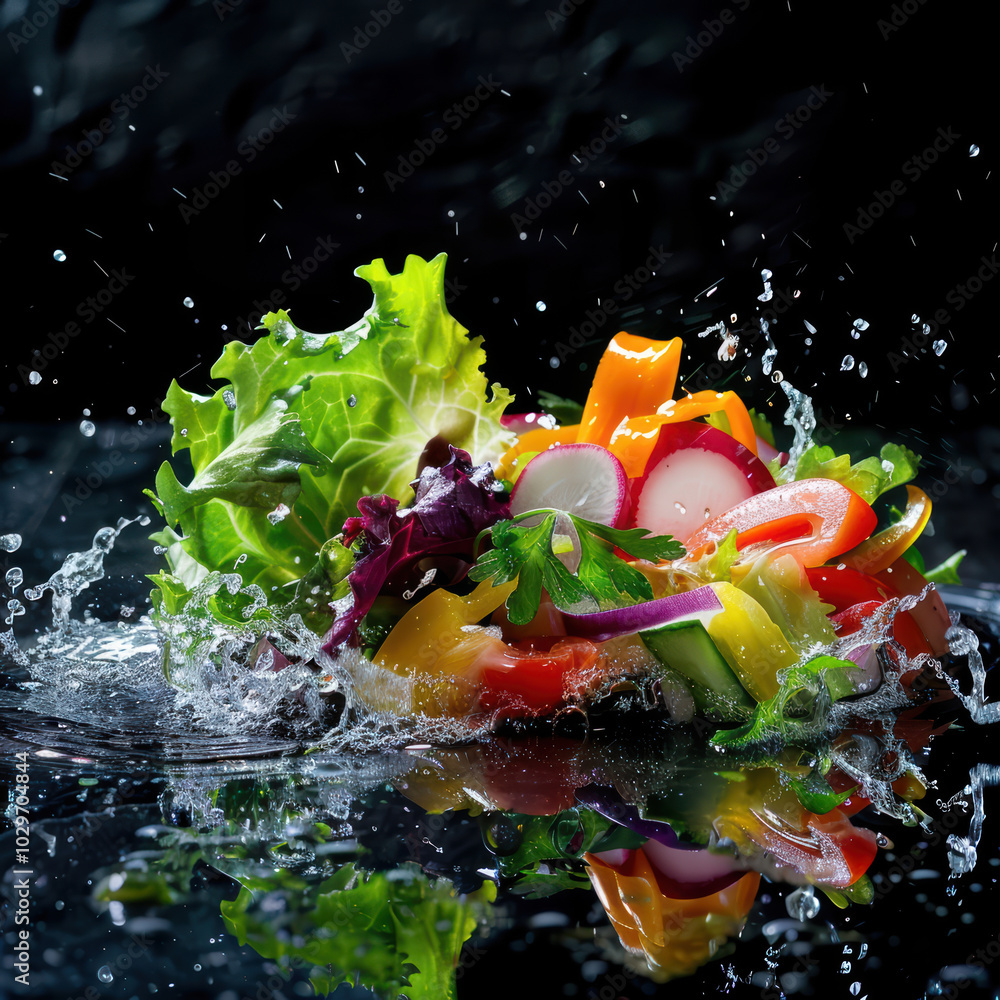 Poster fresh and vibrant salad with mixed vegetables splashing in water, showcasing colorful array of green