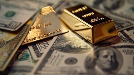 Gold Bullion and Credit Card on US Dollar Bills