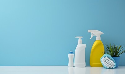 Cleaning products on blue background. Cleaning concept