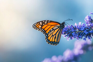Obraz premium Monarch Butterfly on Purple Lavender Flowers with Soft Blue Background