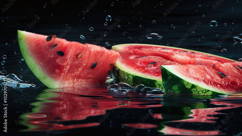 Poster fresh watermelon slices float in water, creating vibrant and refreshing scene. droplets add dynamic 