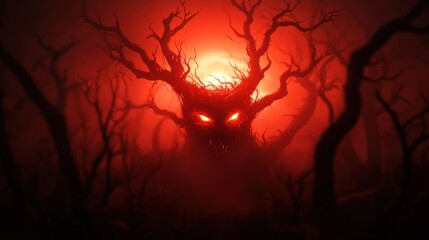 Mysterious creature among dark trees with a glowing red backdrop
