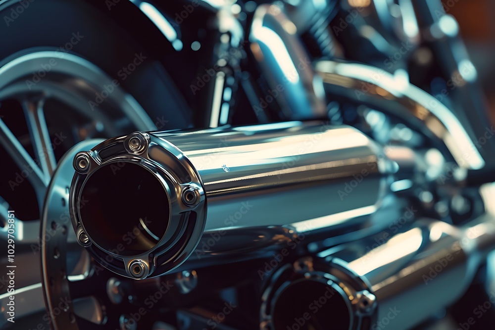 Wall mural close up of chrome exhaust pipes of a modern motorcycle