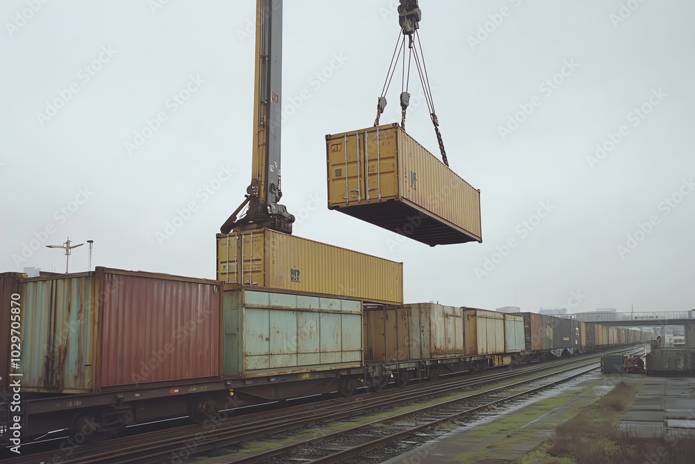 Poster a side view of a container being lifted onto a train carriage by a large crane at a rail terminal
