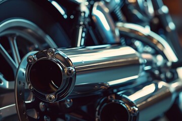 Obraz premium Close up of chrome exhaust pipes of a modern motorcycle