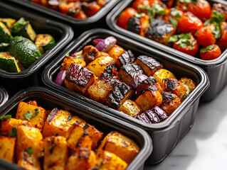 delicious grilled vegetables in black to go containers ready to eat
