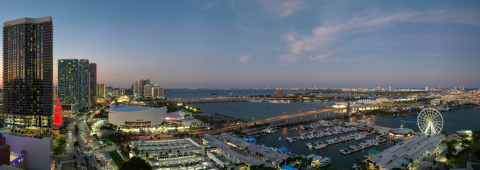 Aerial view of Skyviews Miami Observation Wheel at Bayside Marketplace with reflections in Biscayne...