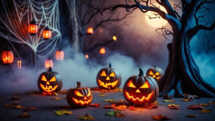Halloween illustration design with dark and blurred background. Premium illustration for banners, posters, greetings and Halloween celebrations.