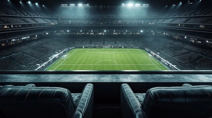 Overhead shot of luxury VIP stadium seats at field level, sleek design with leather texture, perfect for exclusive sports events, advertising high-end hospitality experience
