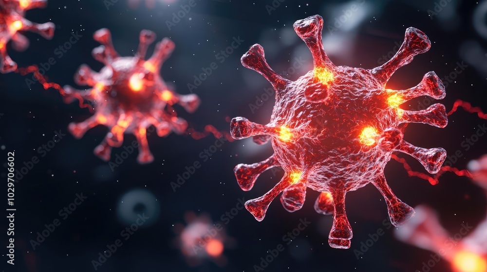 Poster 3D rendering of a virus with glowing features on a dark background.