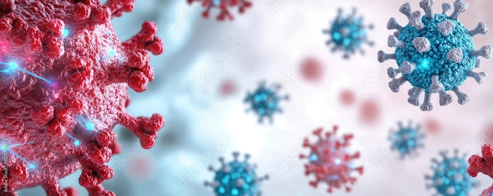 Poster 3d illustration of virus cell structure with blue and red colors on a soft background.