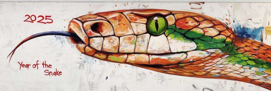 2025 Chinese new year of the snake with brown scales and green eyes graffiti tagged on a white wall. Zodiac signs from China. Urban street art. Panoramic poster (3:1)