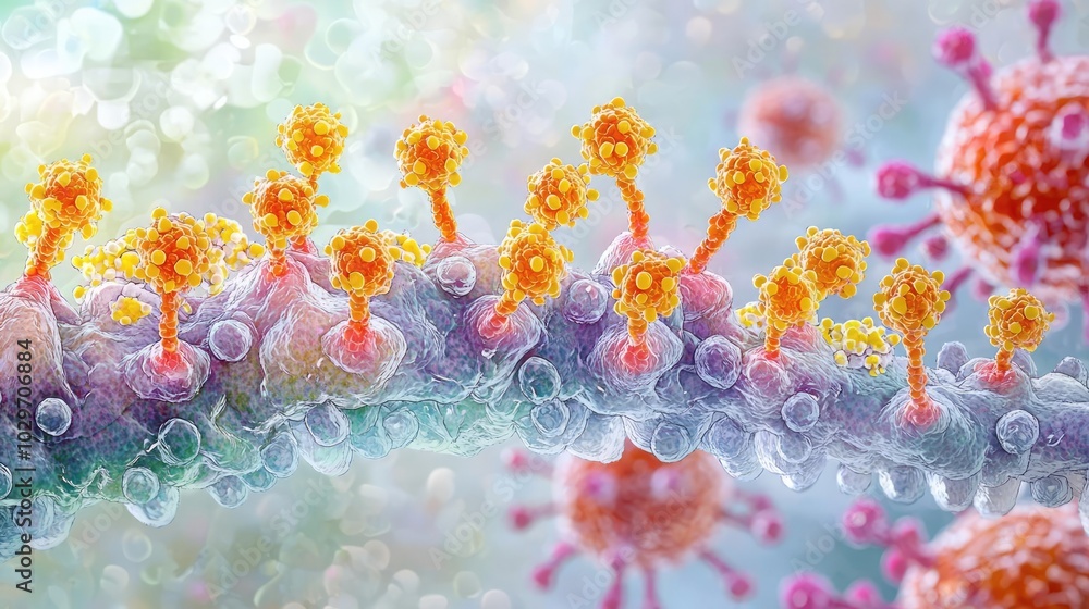 Poster colorful depiction of viruses on a cellular structure, soft-focused background.