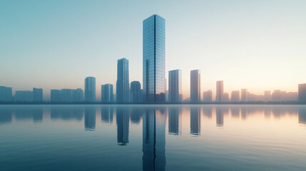 Naklejka premium modern cityscape with tall skyscrapers reflecting in calm lake water at sunset