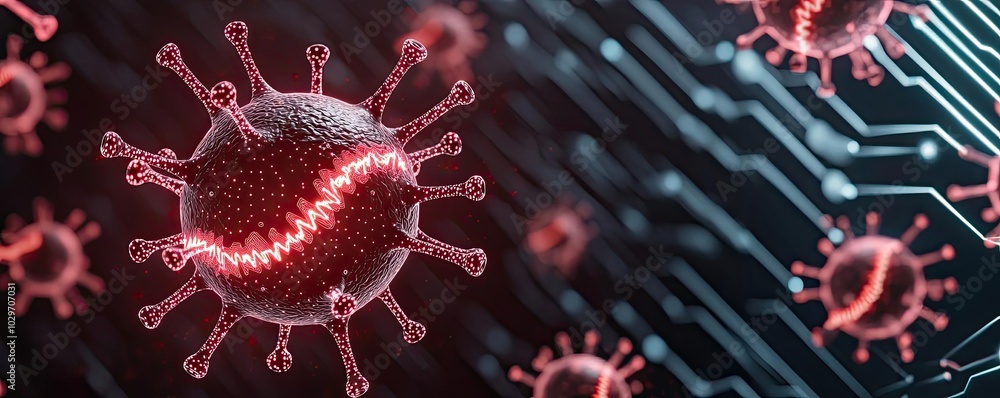 Poster close-up view of a virus on a digital circuit, emphasizing technology in health.