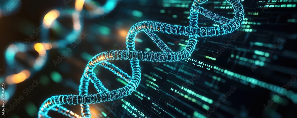Poster dna strands with digital data flow in a futuristic design.