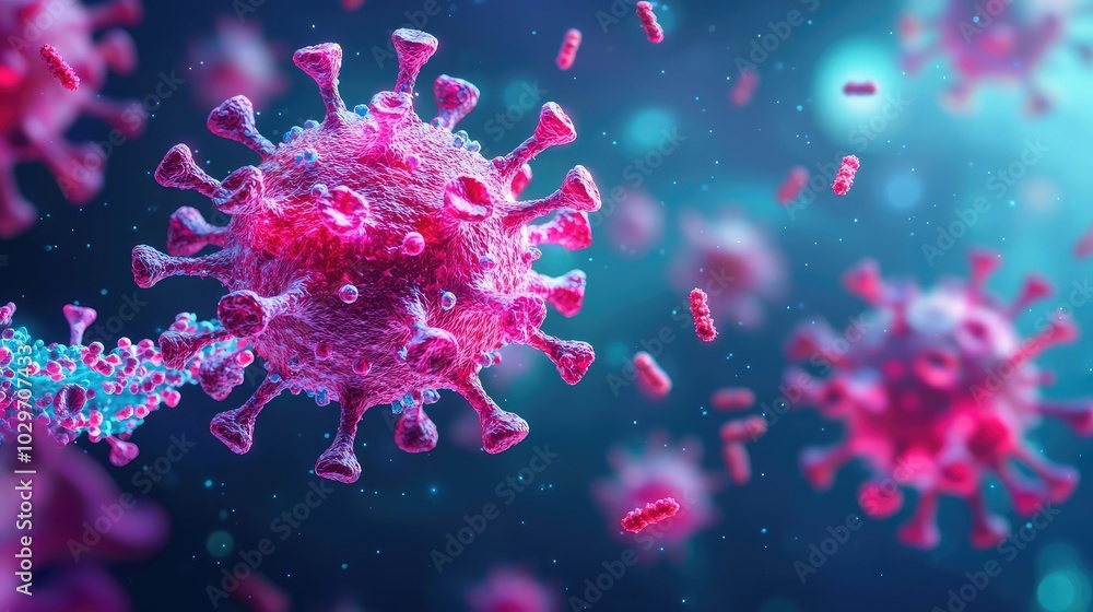 Poster close-up view of a virus in vibrant colors on a blurred background.
