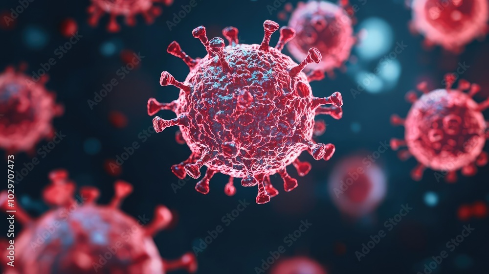 Poster microscopic view of a virus, vivid details on a dark background