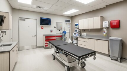 Emergency room interior with efficient layout, bright lights, and advanced medical tools