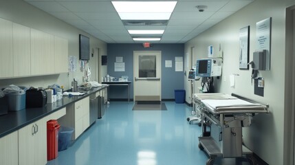 Emergency room interior with efficient layout, bright lights, and advanced medical tools
