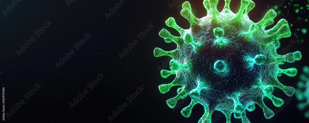 Poster microscopic view of a virus with green details on a dark background.