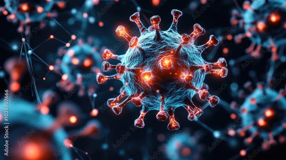 Poster microscopic view of a virus, detailed structures on a dark background.