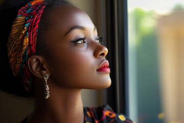 An African woman gazes thoughtfully out the window, contemplating the uncertainties of her future and life's challenges