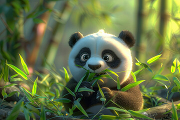 cute baby panda eating bamboo outdoor.