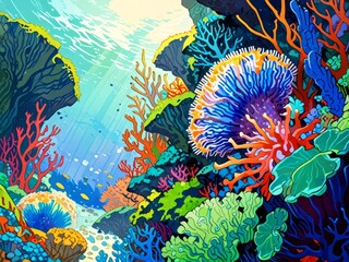 This vibrant underwater scene depicts a coral reef teeming with colorful fish