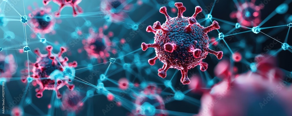 Poster detailed illustration of virus particles with vibrant colors and intricate structures.
