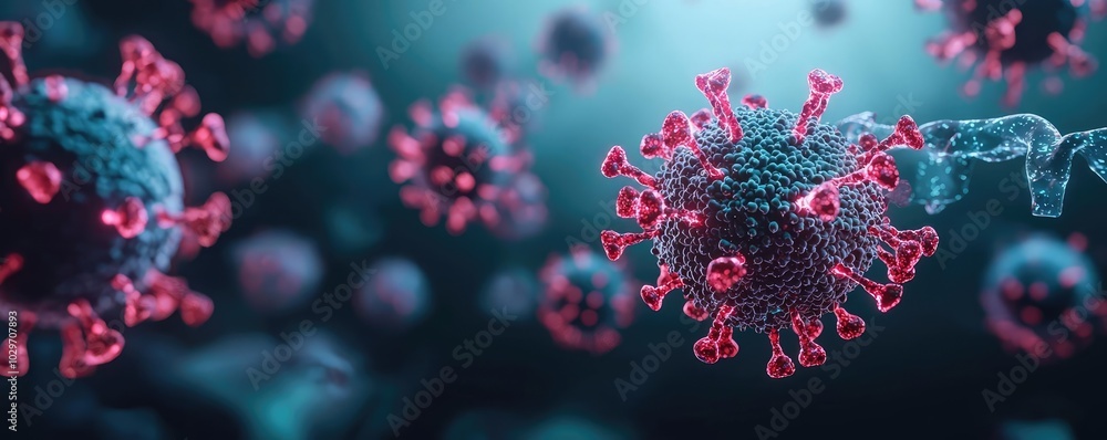 Poster close-up of virus particles on a dark background with vibrant colors.