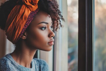 African woman gazing out the window, reflecting on future uncertainties in her life and business decisions