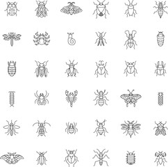 線画ミニ昆虫のイラストアイコンセット