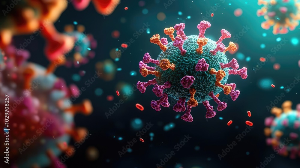 Poster colorful depiction of a virus in a microscopic view with vibrant background.